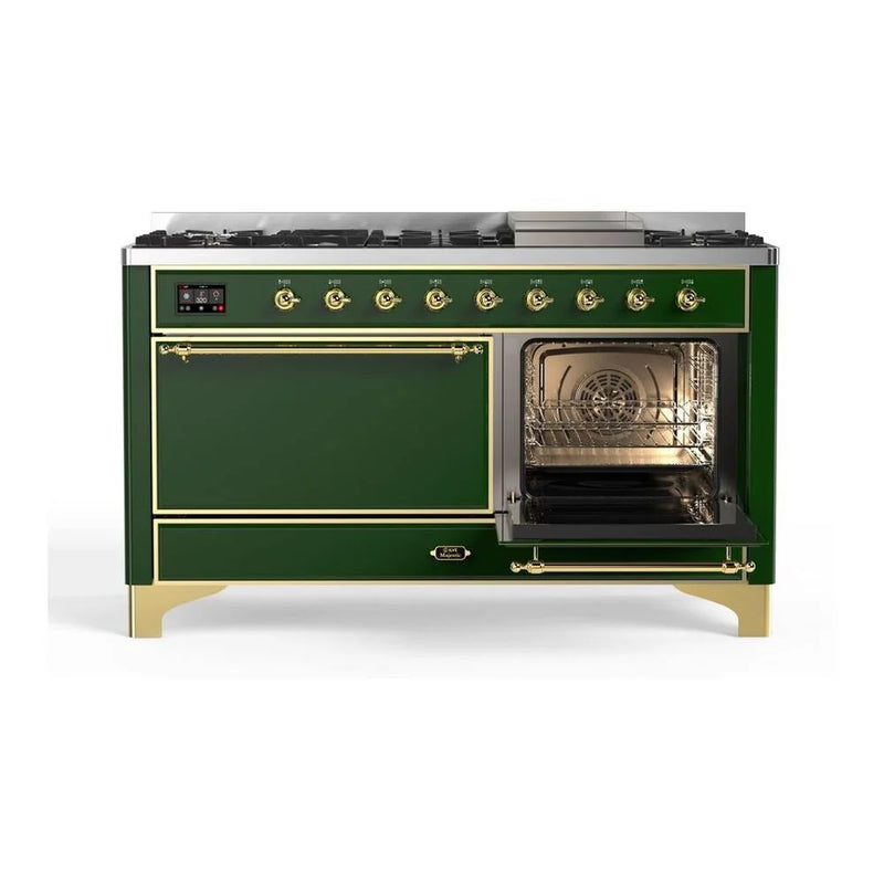 ILVE Majestic II 60" Dual Fuel Freestanding Range in Emerald Green with Brass Trim, UM15FDQNS3EGG