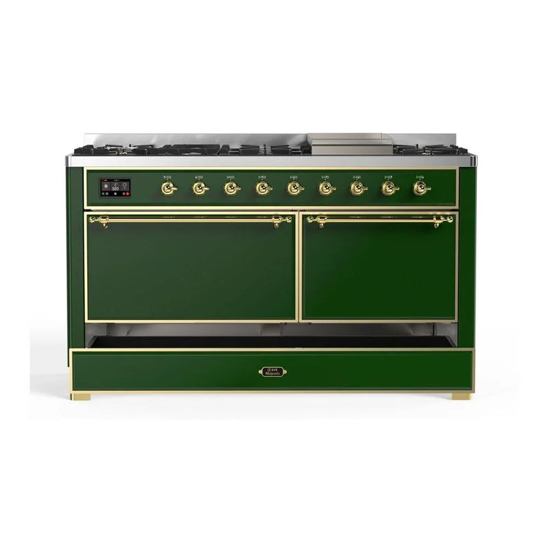 ILVE Majestic II 60" Dual Fuel Freestanding Range in Emerald Green with Brass Trim, UM15FDQNS3EGG