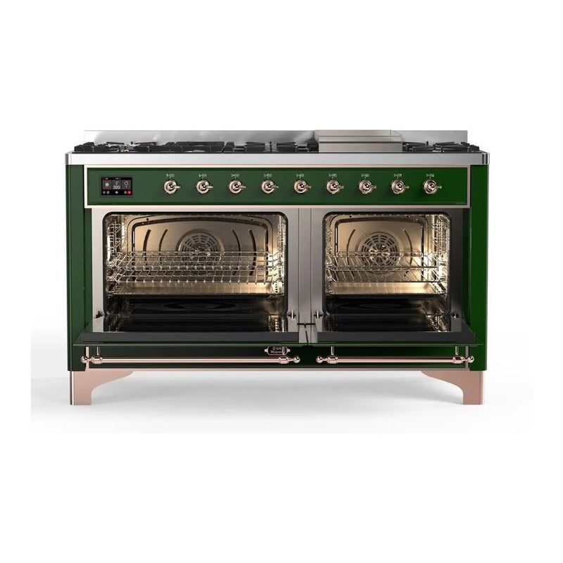 ILVE Majestic II 60" Dual Fuel Freestanding Range in Emerald Green with Copper Trim, UM15FDQNS3EGPLP