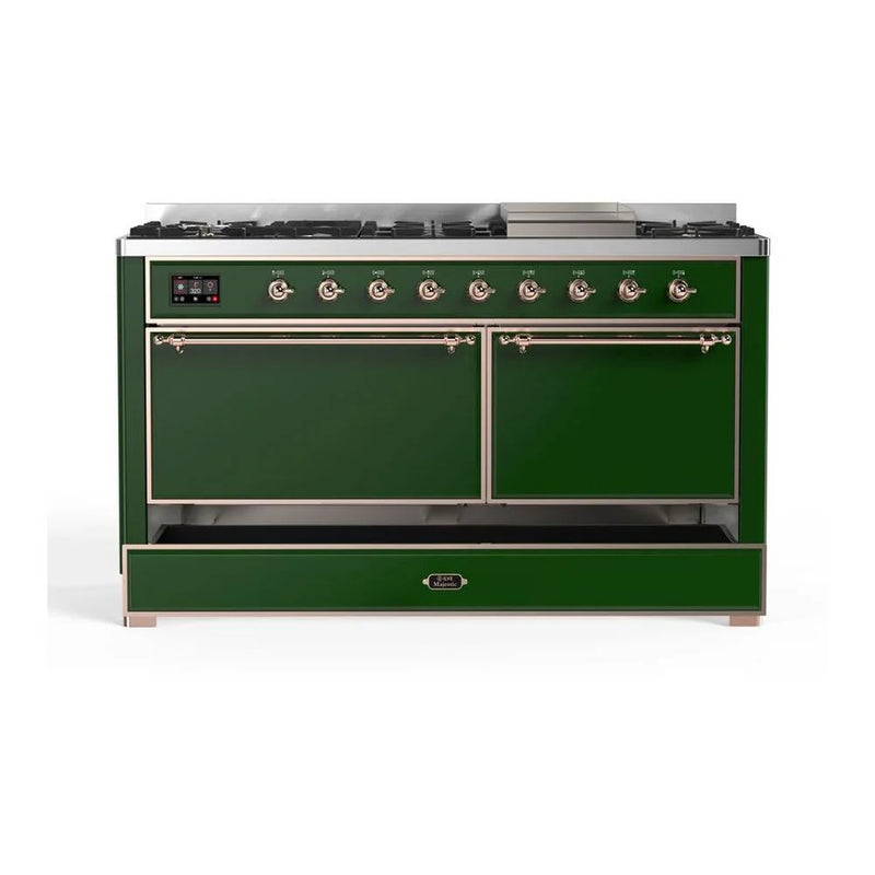 ILVE Majestic II 60" Dual Fuel Freestanding Range in Emerald Green with Copper Trim, UM15FDQNS3EGPLP