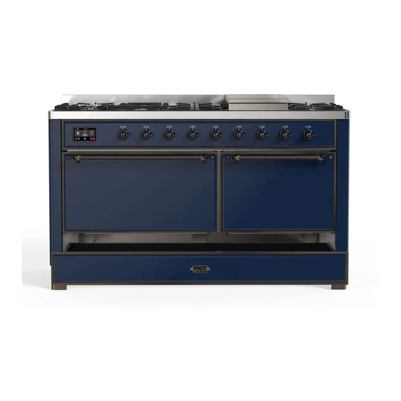 ILVE Majestic II 60" Dual Fuel Freestanding Range in Midnight Blue with Burnished Trim, UM15FDQNS3MBB