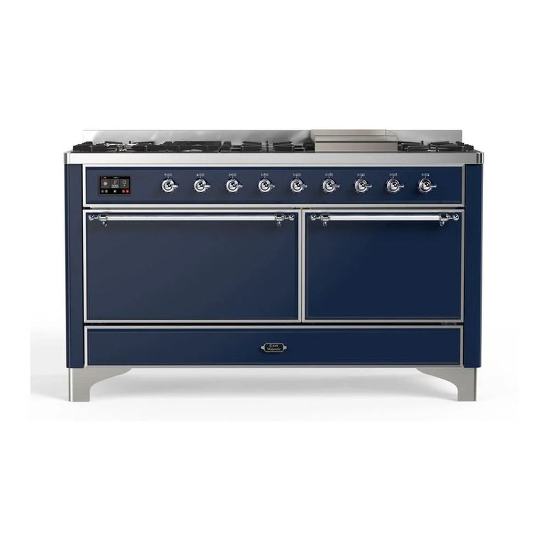 ILVE Majestic II 60" Dual Fuel Freestanding Range in Midnight Blue with Chrome Trim, UM15FDQNS3MBCLP