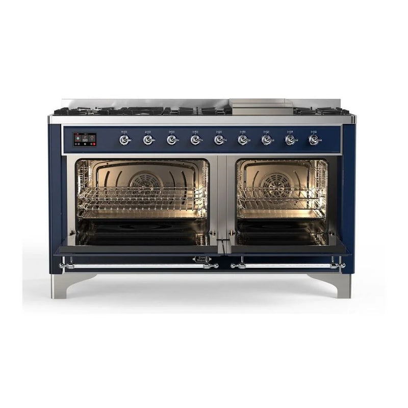 ILVE Majestic II 60" Dual Fuel Freestanding Range in Midnight Blue with Chrome Trim, UM15FDQNS3MBCLP