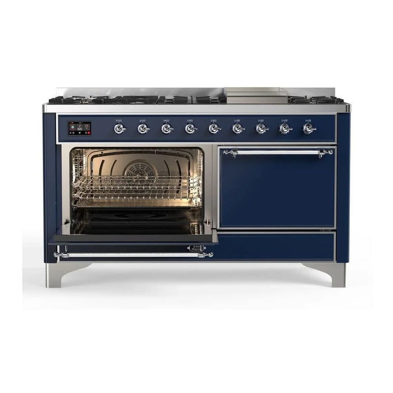 ILVE Majestic II 60" Dual Fuel Freestanding Range in Midnight Blue with Chrome Trim, UM15FDQNS3MBCLP