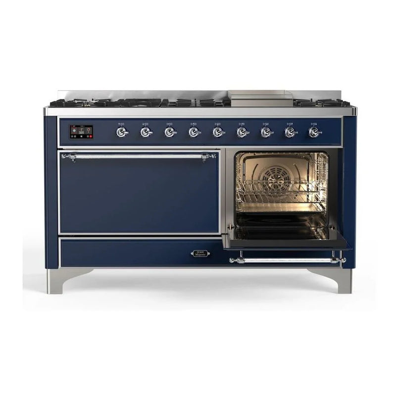 ILVE Majestic II 60" Dual Fuel Freestanding Range in Midnight Blue with Chrome Trim, UM15FDQNS3MBCLP