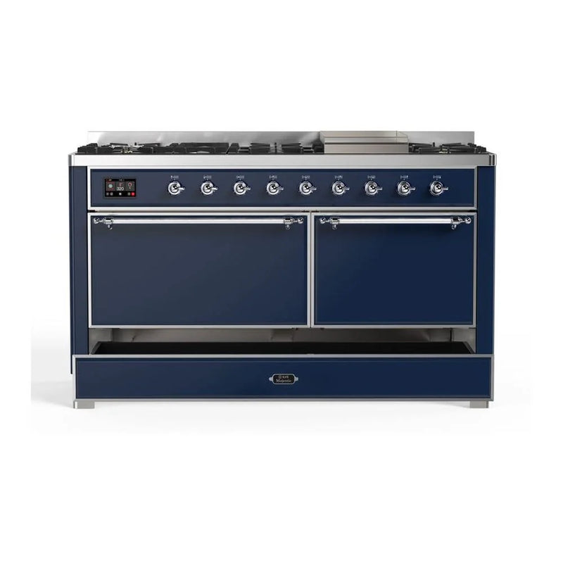 ILVE Majestic II 60" Dual Fuel Freestanding Range in Midnight Blue with Chrome Trim, UM15FDQNS3MBCLP