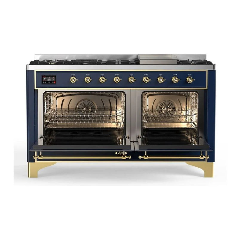 ILVE Majestic II 60" Dual Fuel Freestanding Range in Midnight Blue with Brass Trim, UM15FDQNS3MBGLP