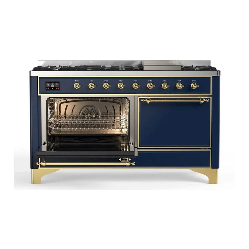 ILVE Majestic II 60" Dual Fuel Freestanding Range in Midnight Blue with Brass Trim, UM15FDQNS3MBGLP