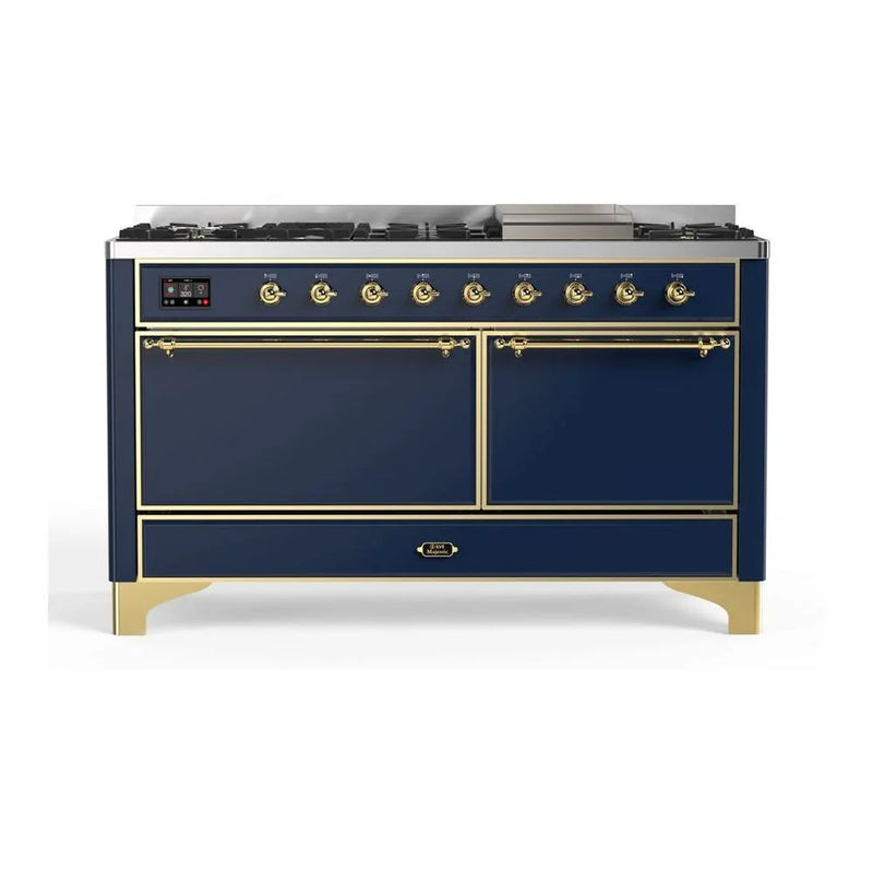 ILVE Majestic II 60" Dual Fuel Freestanding Range in Midnight Blue with Brass Trim, UM15FDQNS3MBG