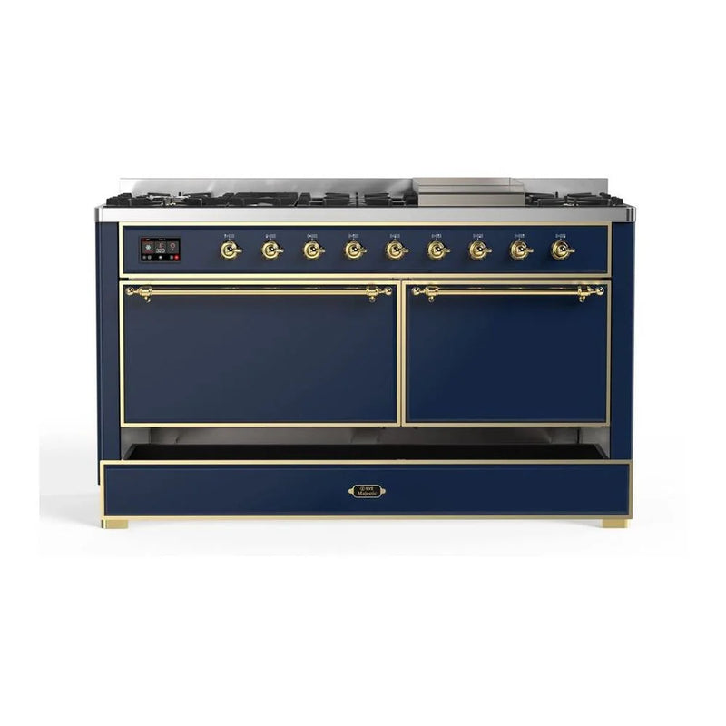 ILVE Majestic II 60" Dual Fuel Freestanding Range in Midnight Blue with Brass Trim, UM15FDQNS3MBG