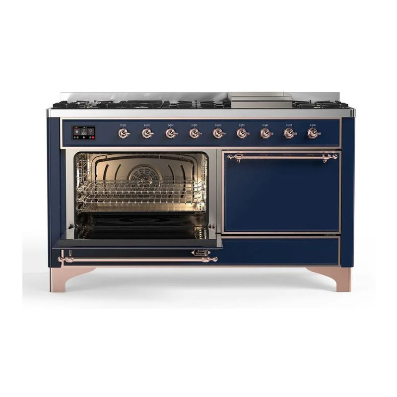 ILVE Majestic II 60" Dual Fuel Freestanding Range in Midnight Blue with Copper Trim, UM15FDQNS3MBPLP
