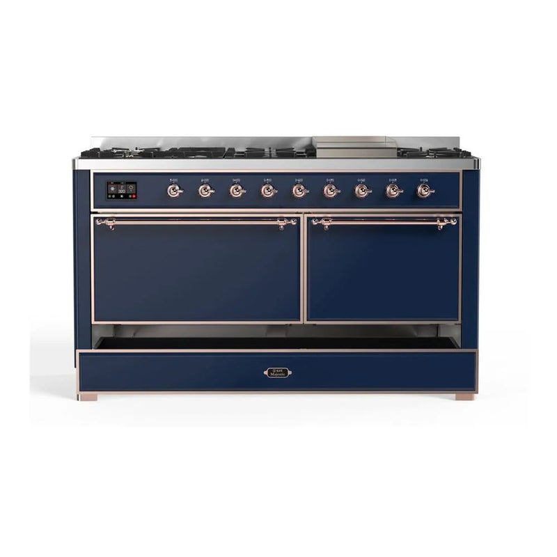 ILVE Majestic II 60" Dual Fuel Freestanding Range in Midnight Blue with Copper Trim, UM15FDQNS3MBPLP