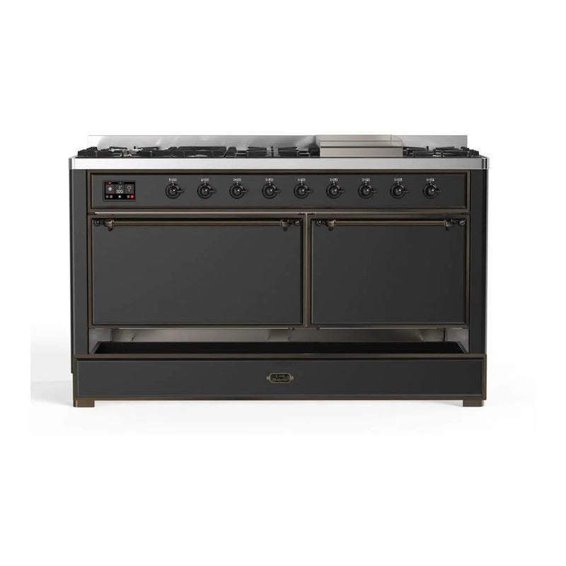 ILVE Majestic II 60" Dual Fuel Freestanding Range in Graphite Matte with Burnished Trim, UM15FDQNS3MGBLP