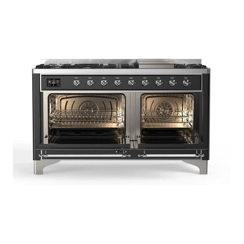 ILVE Majestic II 60" Dual Fuel Freestanding Range in Graphite Matte with Chrome Trim, UM15FDQNS3MGCLP