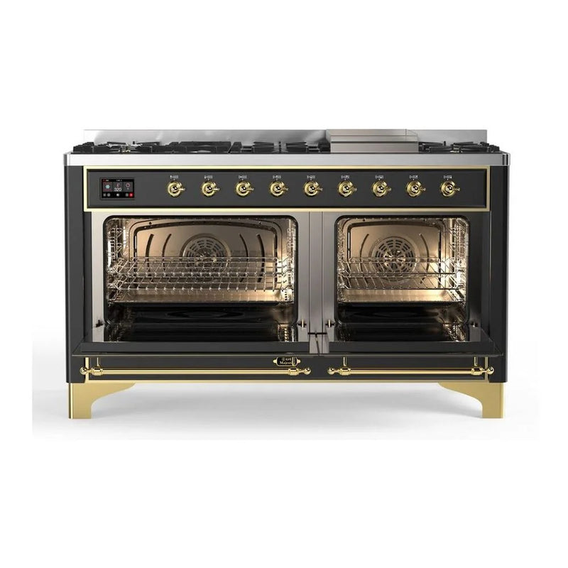 ILVE Majestic II 60" Dual Fuel Freestanding Range in Graphite Matte with Brass Trim, UM15FDQNS3MGGLP