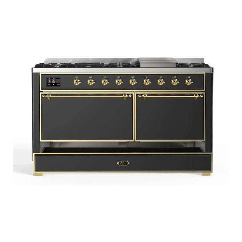 ILVE Majestic II 60" Dual Fuel Freestanding Range in Graphite Matte with Brass Trim, UM15FDQNS3MGGLP