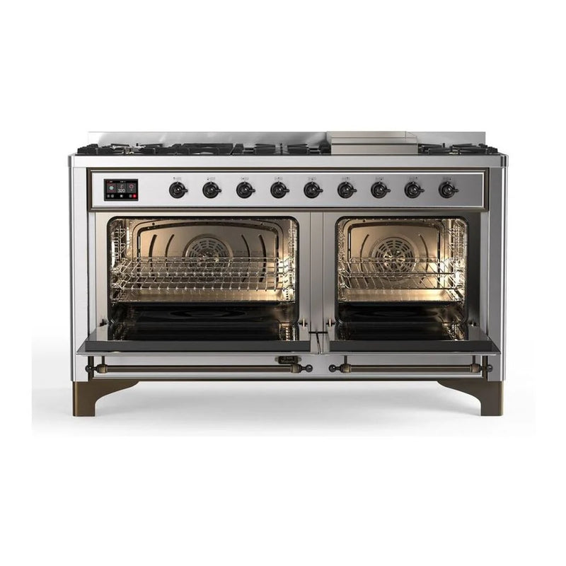 ILVE Majestic II 60" Dual Fuel Freestanding Range in Stainless Steel with Burnished Trim, UM15FDQNS3SSBLP