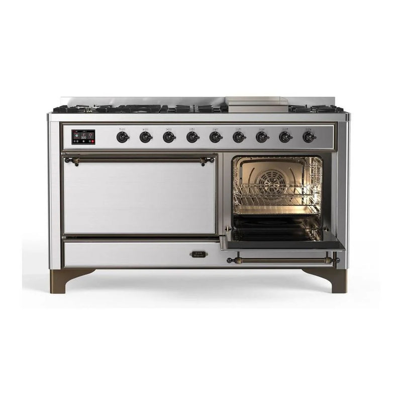 ILVE Majestic II 60" Dual Fuel Freestanding Range in Stainless Steel with Burnished Trim, UM15FDQNS3SSBLP