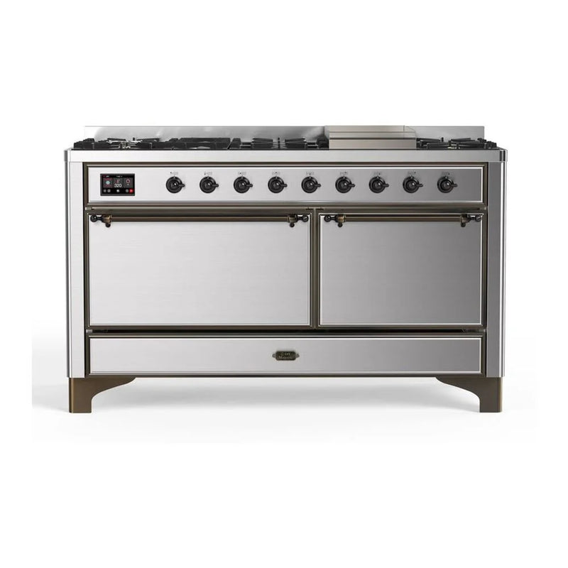 ILVE Majestic II 60" Dual Fuel Freestanding Range in Stainless Steel with Burnished Trim, UM15FDQNS3SSB