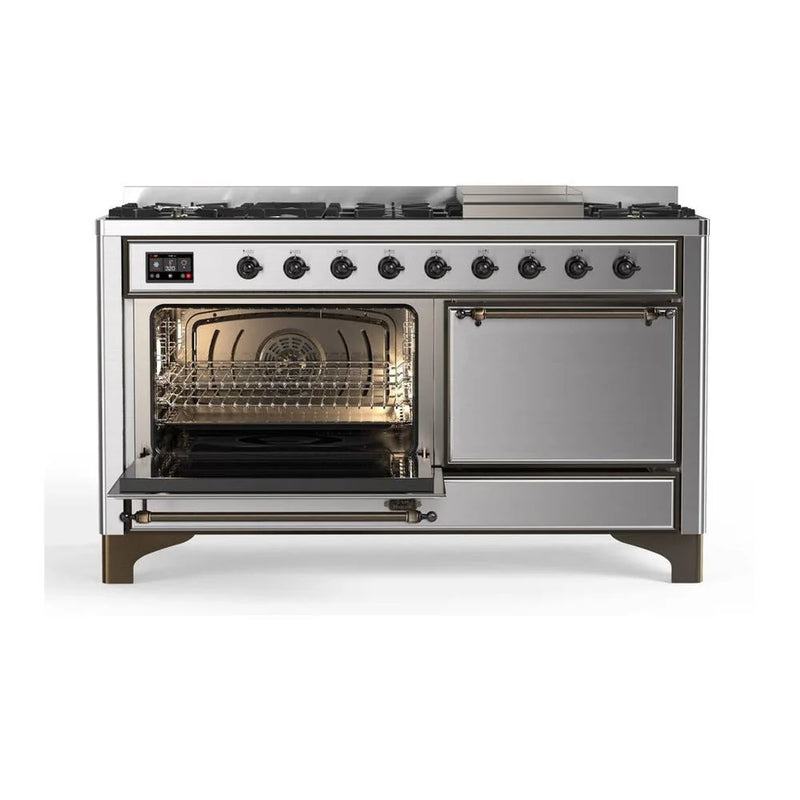 ILVE Majestic II 60" Dual Fuel Freestanding Range in Stainless Steel with Burnished Trim, UM15FDQNS3SSB