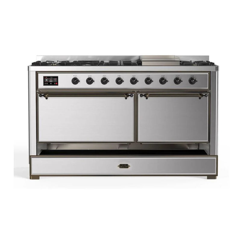 ILVE Majestic II 60" Dual Fuel Freestanding Range in Stainless Steel with Burnished Trim, UM15FDQNS3SSB