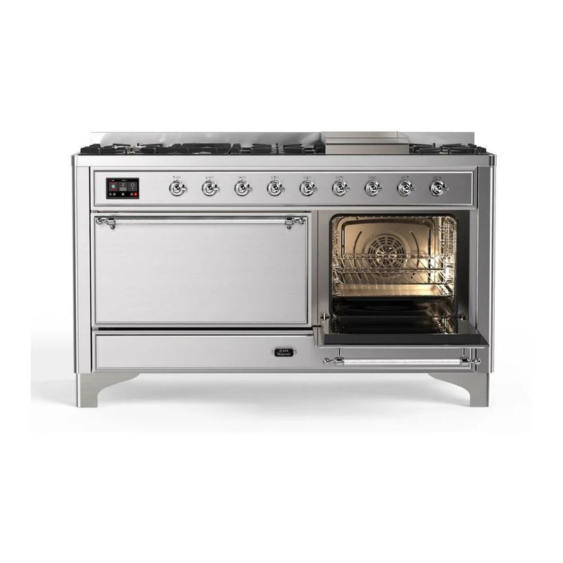 ILVE Majestic II 60" Dual Fuel Freestanding Range in Stainless Steel with Chrome Trim, UM15FDQNS3SSCLP
