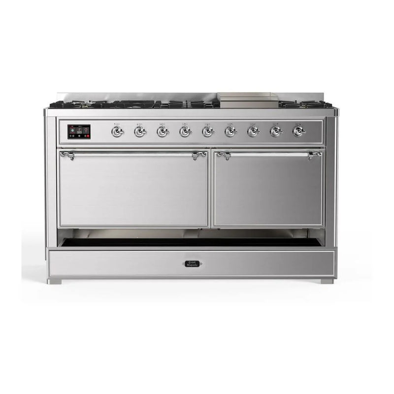 ILVE Majestic II 60" Dual Fuel Freestanding Range in Stainless Steel with Chrome Trim, UM15FDQNS3SSCLP