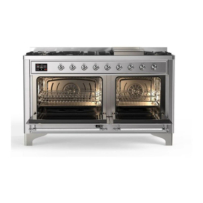 ILVE Majestic II 60" Dual Fuel Freestanding Range in Stainless Steel with Chrome Trim, UM15FDQNS3SSC