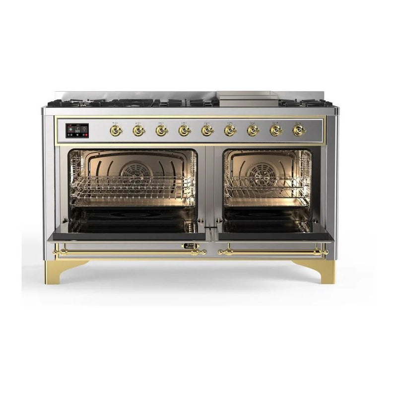 ILVE Majestic II 60" Dual Fuel Freestanding Range in Stainless Steel with Brass Trim, UM15FDQNS3SSG