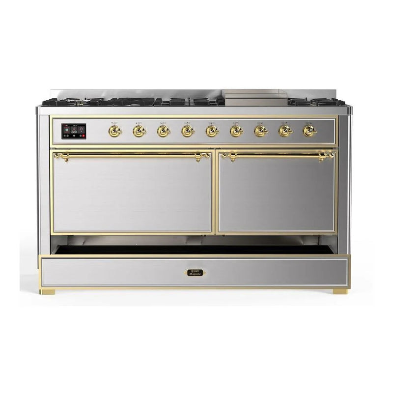 ILVE Majestic II 60" Dual Fuel Freestanding Range in Stainless Steel with Brass Trim, UM15FDQNS3SSG