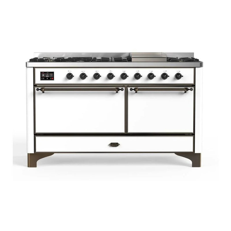 ILVE Majestic II 60" Dual Fuel Freestanding Range in White with Burnished Trim, UM15FDQNS3WHBLP