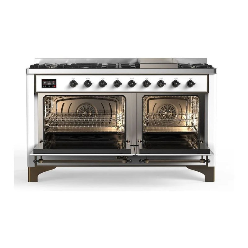 ILVE Majestic II 60" Dual Fuel Freestanding Range in White with Burnished Trim, UM15FDQNS3WHBLP
