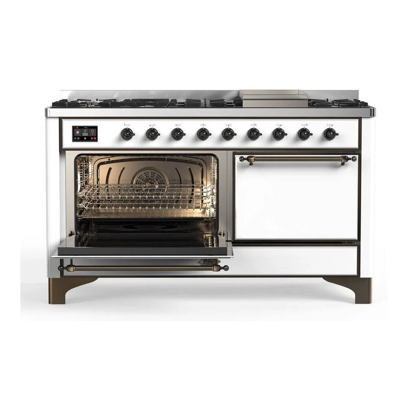 ILVE Majestic II 60" Dual Fuel Freestanding Range in White with Burnished Trim, UM15FDQNS3WHBLP
