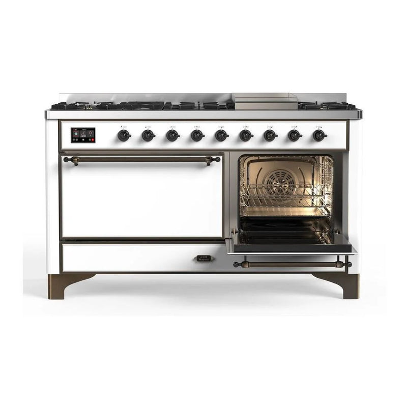 ILVE Majestic II 60" Dual Fuel Freestanding Range in White with Burnished Trim, UM15FDQNS3WHBLP