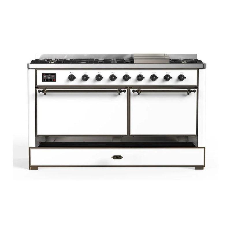 ILVE Majestic II 60" Dual Fuel Freestanding Range in White with Burnished Trim, UM15FDQNS3WHBLP
