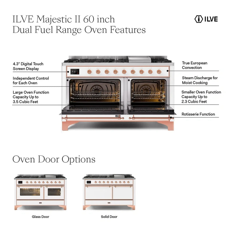 ILVE Majestic II 60" Dual Fuel Freestanding Range in White with Burnished Trim, UM15FDQNS3WHB