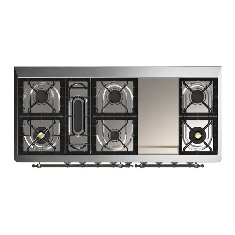ILVE Majestic II 60" Dual Fuel Freestanding Range in White with Burnished Trim, UM15FDQNS3WHB