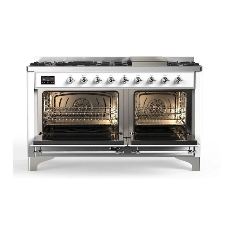 ILVE Majestic II 60" Dual Fuel Freestanding Range in White with Chrome Trim, UM15FDQNS3WHCLP