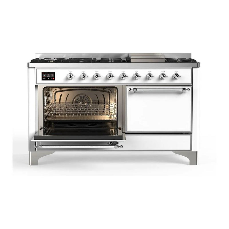ILVE Majestic II 60" Dual Fuel Freestanding Range in White with Chrome Trim, UM15FDQNS3WHC
