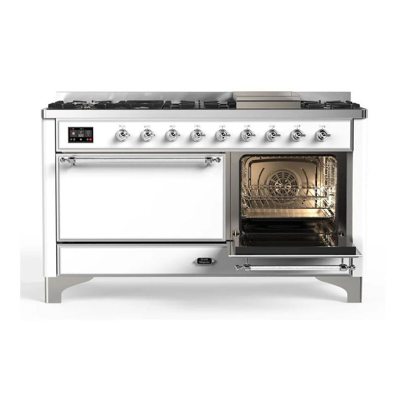 ILVE Majestic II 60" Dual Fuel Freestanding Range in White with Chrome Trim, UM15FDQNS3WHC