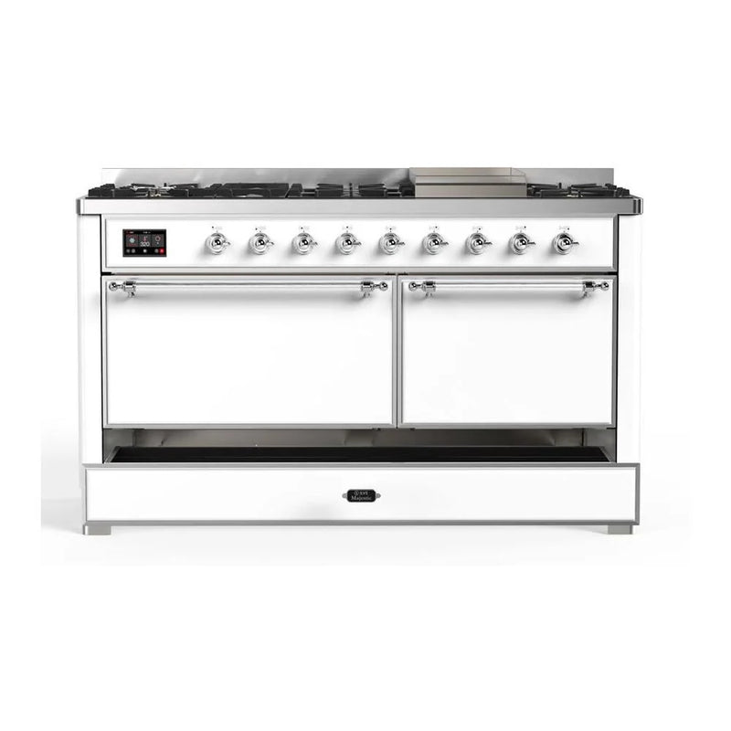 ILVE Majestic II 60" Dual Fuel Freestanding Range in White with Chrome Trim, UM15FDQNS3WHC