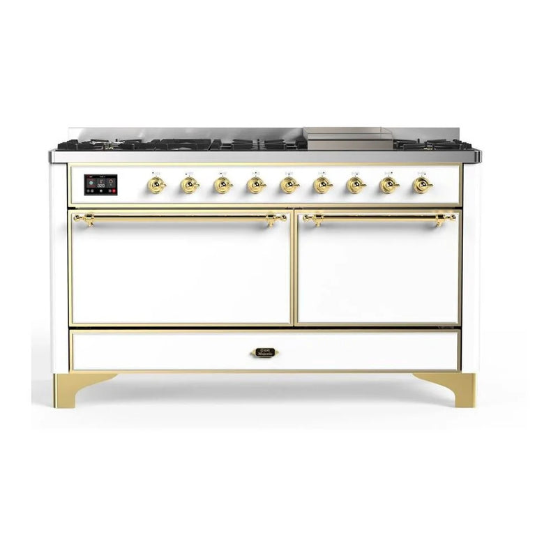 ILVE Majestic II 60" Dual Fuel Freestanding Range in White with Brass Trim, UM15FDQNS3WHGLP