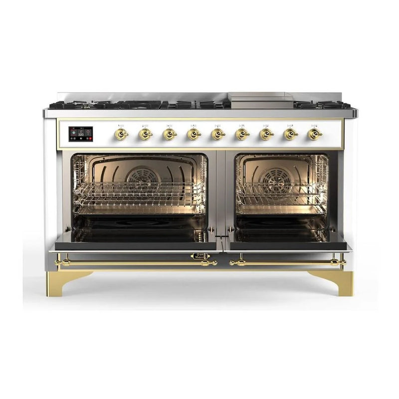 ILVE Majestic II 60" Dual Fuel Freestanding Range in White with Brass Trim, UM15FDQNS3WHGLP
