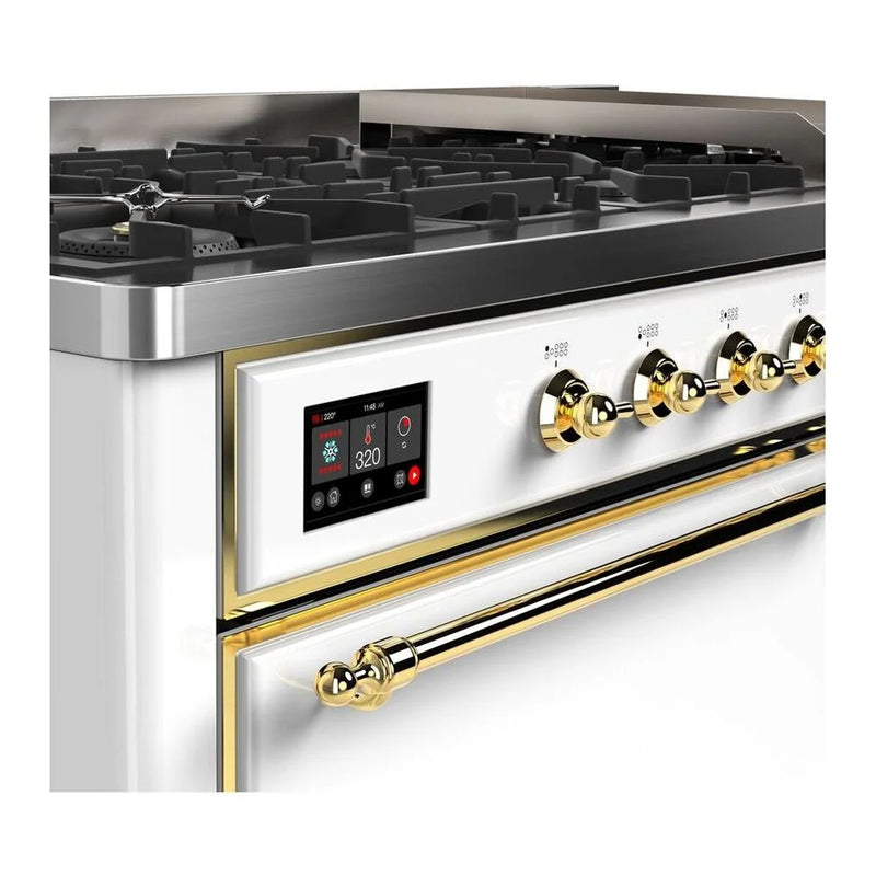 ILVE Majestic II 60" Dual Fuel Freestanding Range in White with Brass Trim, UM15FDQNS3WHGLP