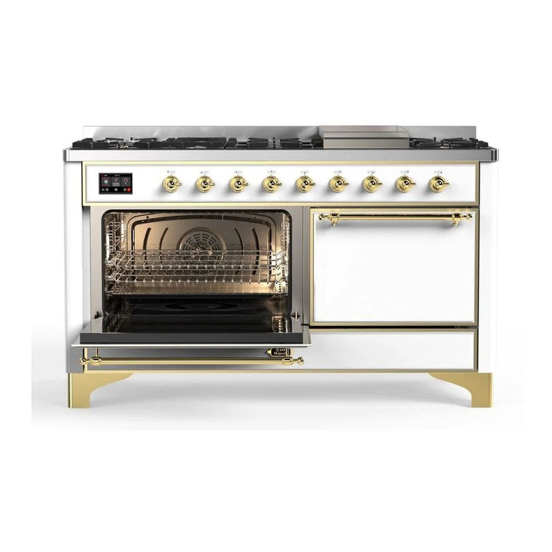 ILVE Majestic II 60" Dual Fuel Freestanding Range in White with Brass Trim, UM15FDQNS3WHGLP