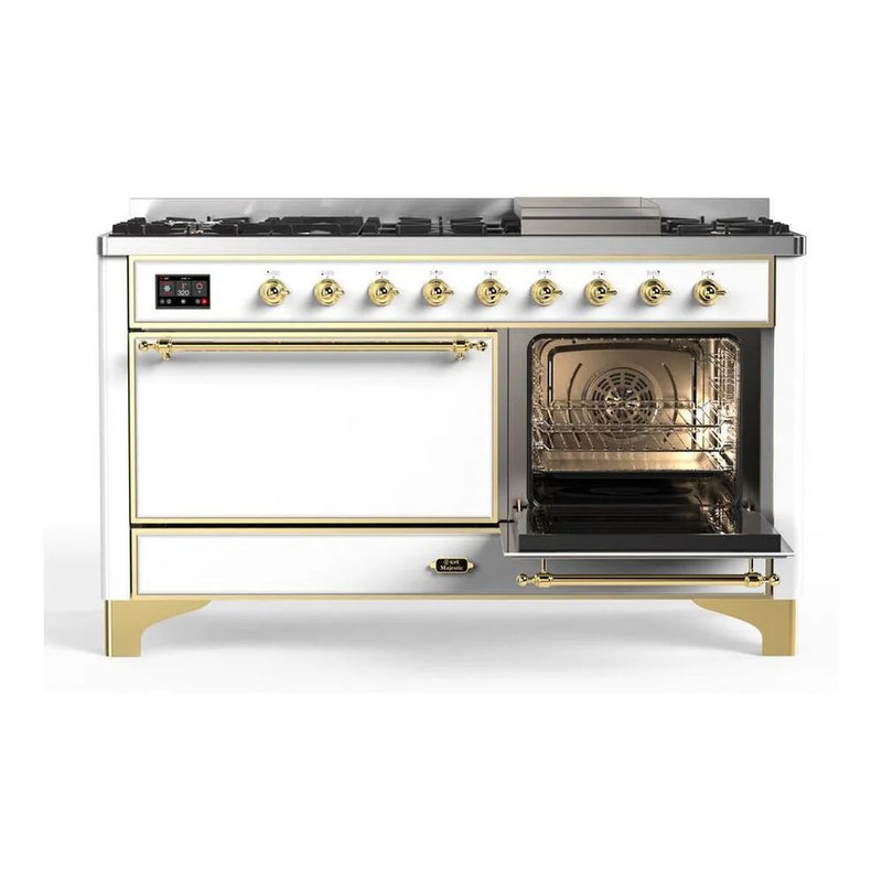 ILVE Majestic II 60" Dual Fuel Freestanding Range in White with Brass Trim, UM15FDQNS3WHGLP