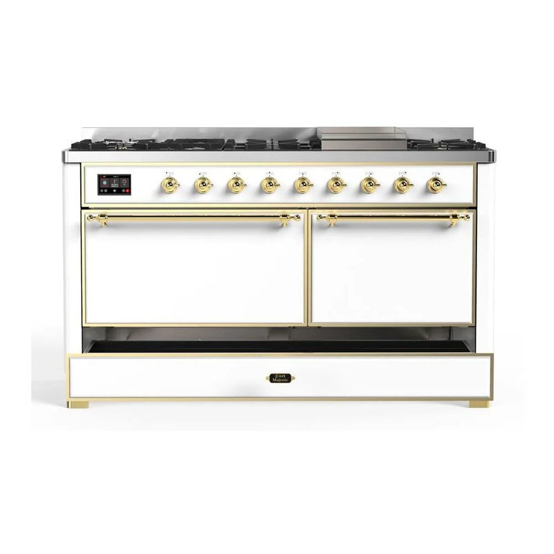 ILVE Majestic II 60" Dual Fuel Freestanding Range in White with Brass Trim, UM15FDQNS3WHGLP