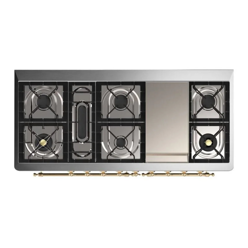 ILVE Majestic II 60" Dual Fuel Freestanding Range in White with Brass Trim, UM15FDQNS3WHGLP