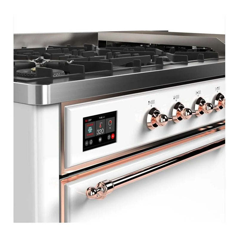 ILVE Majestic II 60" Dual Fuel Freestanding Range in White with Copper Trim, UM15FDQNS3WHPLP