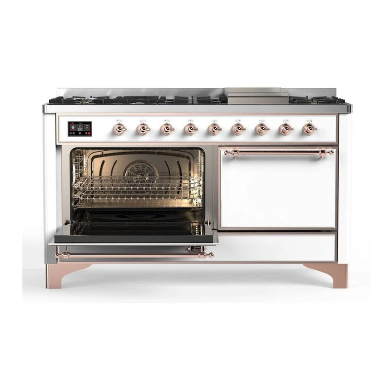 ILVE Majestic II 60" Dual Fuel Freestanding Range in White with Copper Trim, UM15FDQNS3WHPLP